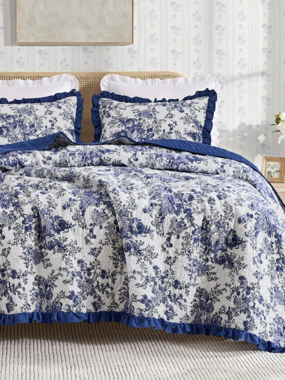 Blue Floral Ruffle Quilt Set King Size, 3 Pieces Botanical Cotton Face Shabby